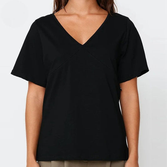 Close-up of the black V-neck nursing tee feeding opening for breastfeeding – Relievoo