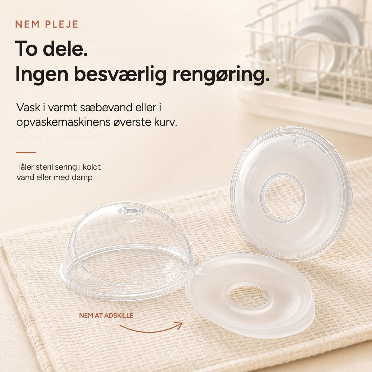 Relievoo breast milk collector snapped apart into its two parts for easy cleaning beside a dish rack rvpumpen rvhasar