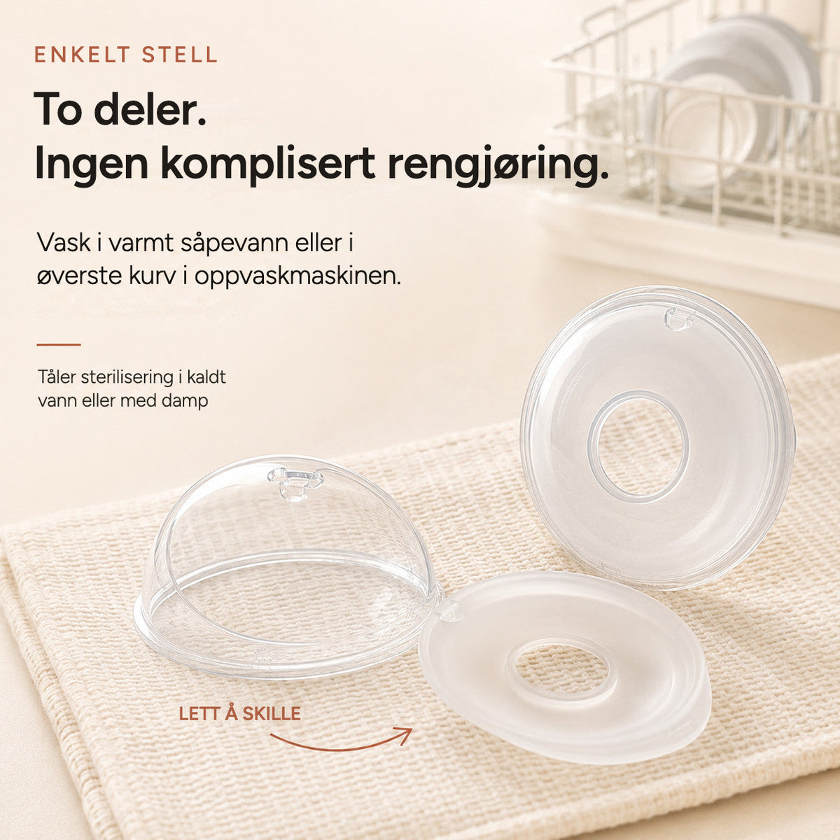 Relievoo breast milk collector snapped apart into its two parts for easy cleaning beside a dish rack rvpumpen rvhasar