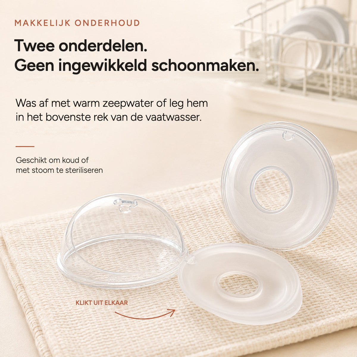 Relievoo breast milk collector snapped apart into its two parts for easy cleaning beside a dish rack rvpumpen rvhasar