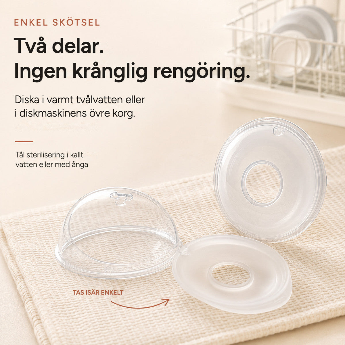 Relievoo breast milk collector snapped apart into its two parts for easy cleaning beside a dish rack rvpumpen rvhasar