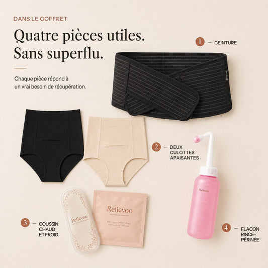 Les quatre pièces du coffret césarienne Relievoo numérotées de un à quatre : ceinture, deux culottes, coussin et flacon rince-périnée