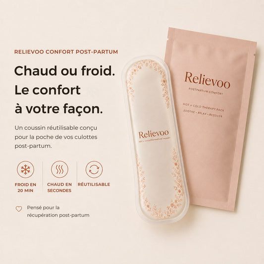 Coussin périnéal Relievoo et sa pochette : froid en 20 minutes environ, chaud en quelques secondes, réutilisable