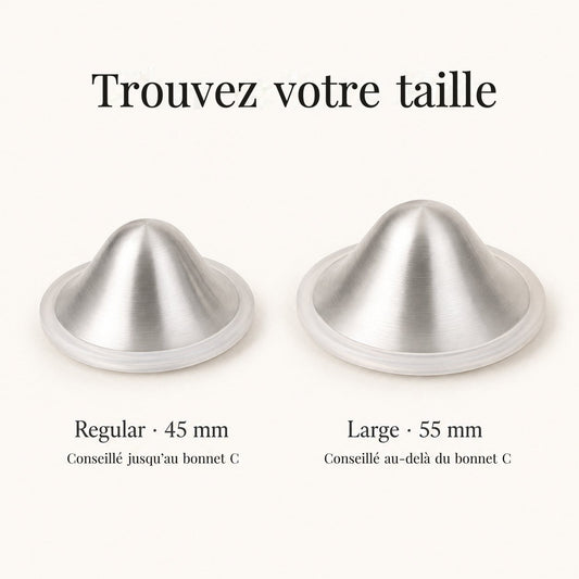 Les deux tailles de cupules d’allaitement en argent Relievoo, Regular 45 mm et Large 55 mm