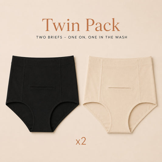 Relievoo Postpartum Soothing Briefs twin pack, two briefs included, one on and one in the wash rvpumpen rvhasar