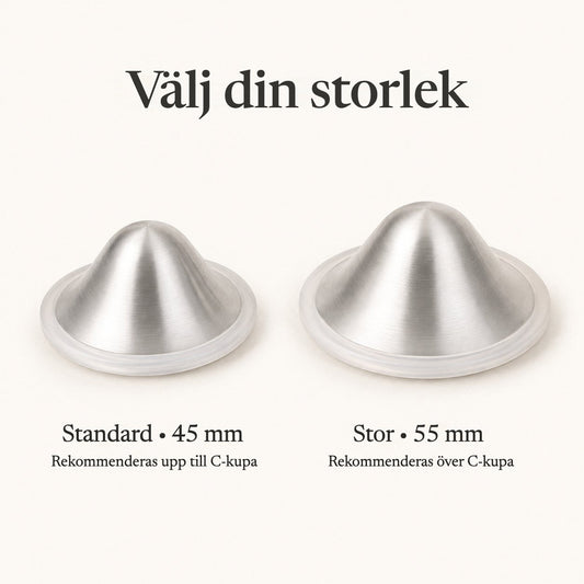 Two silver nursing cups side by side, the 45 mm regular next to the wider 55 mm large size rvpumpen rvhasar