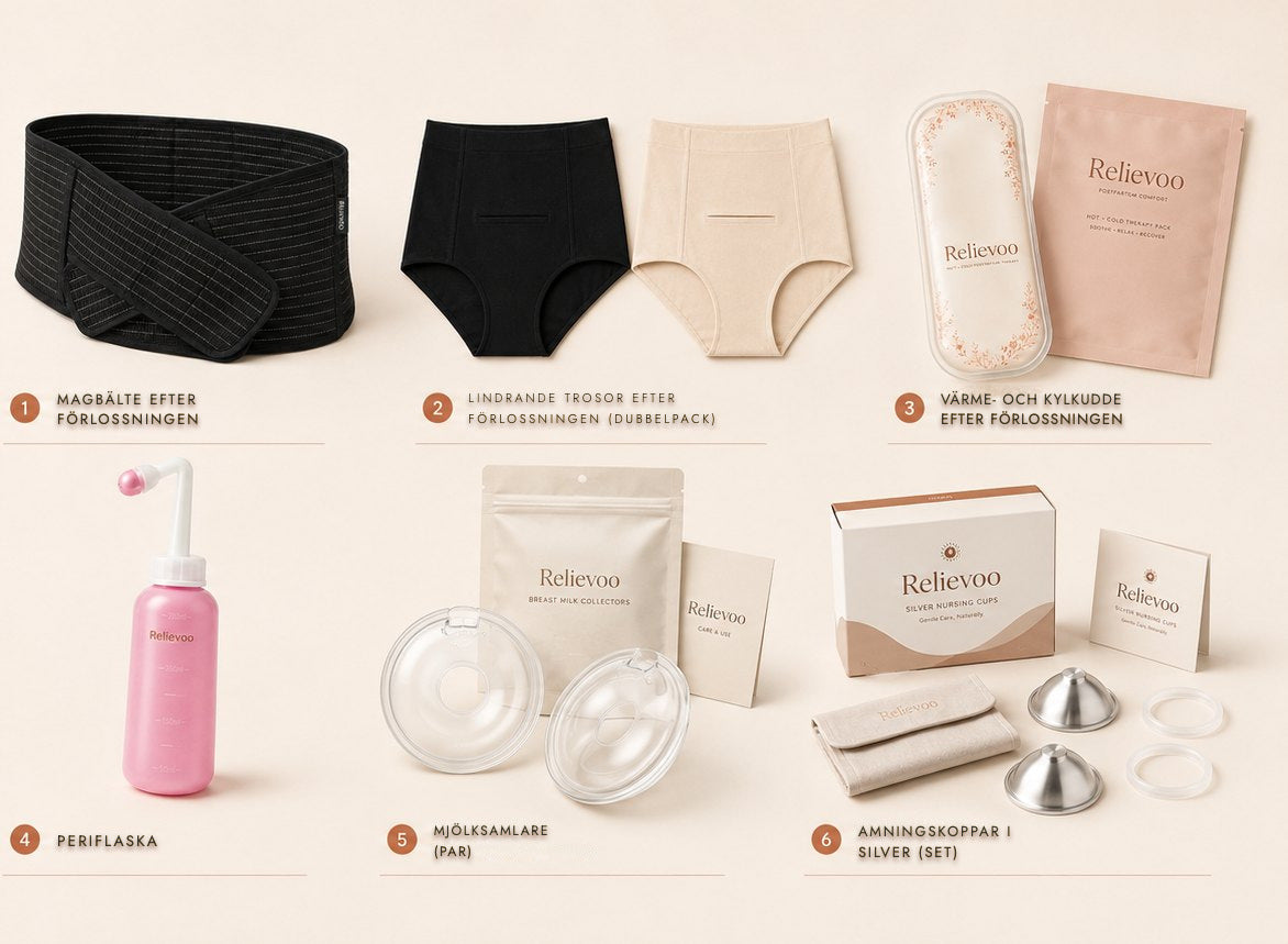 The six items in the Relievoo complete bundle numbered one to six: belly band, soothing briefs twin pack, therapy pack, peri bottle, milk collectors and silver nursing cups