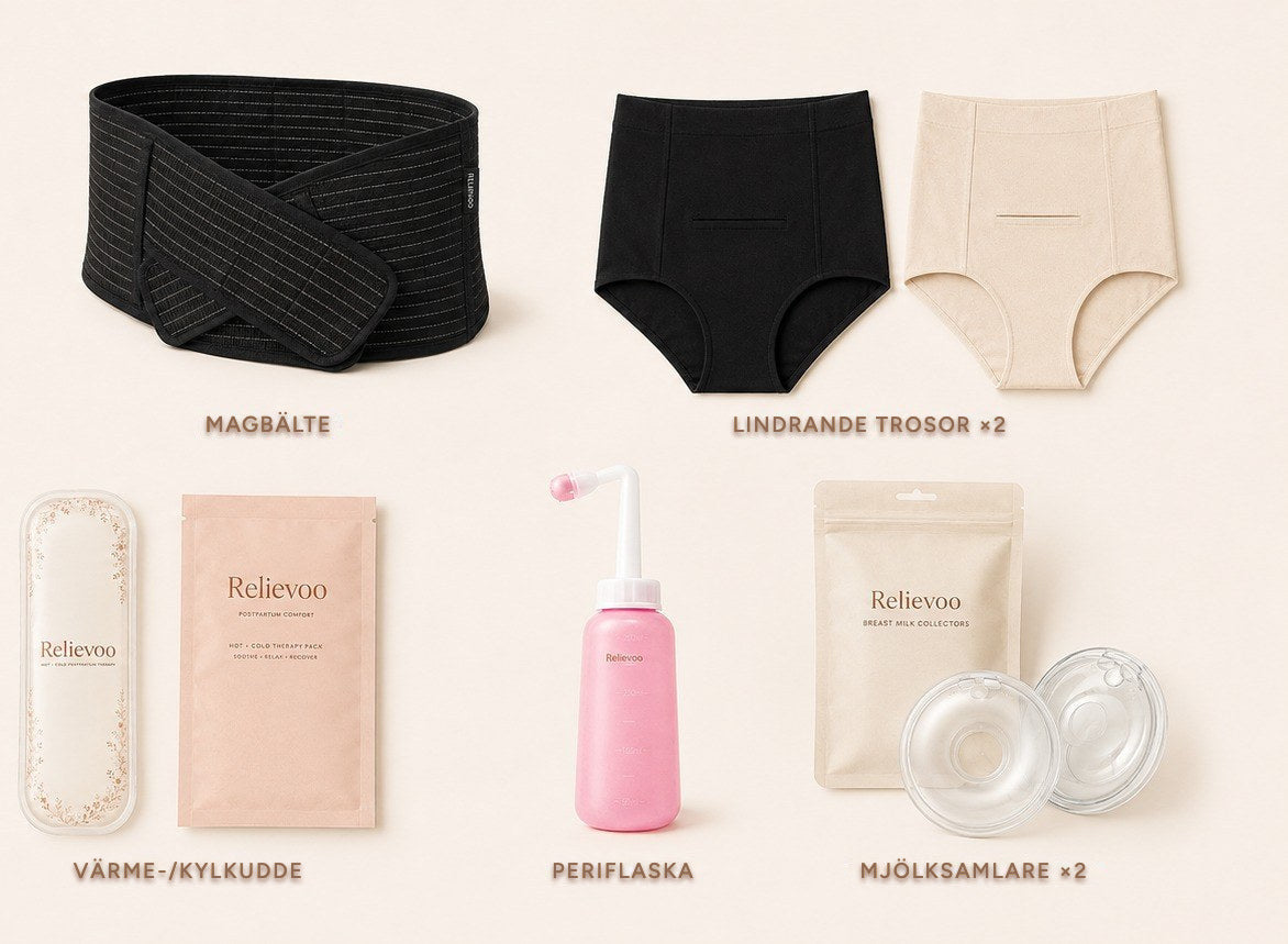 The five items in the Relievoo bundle labelled: belly band, two soothing briefs, therapy pack, peri bottle and two milk collectors