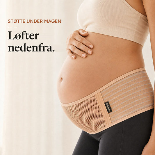 Close-up of the tan Relievoo pregnancy support belt lifting the bump from underneath rvpumpen rvhasar