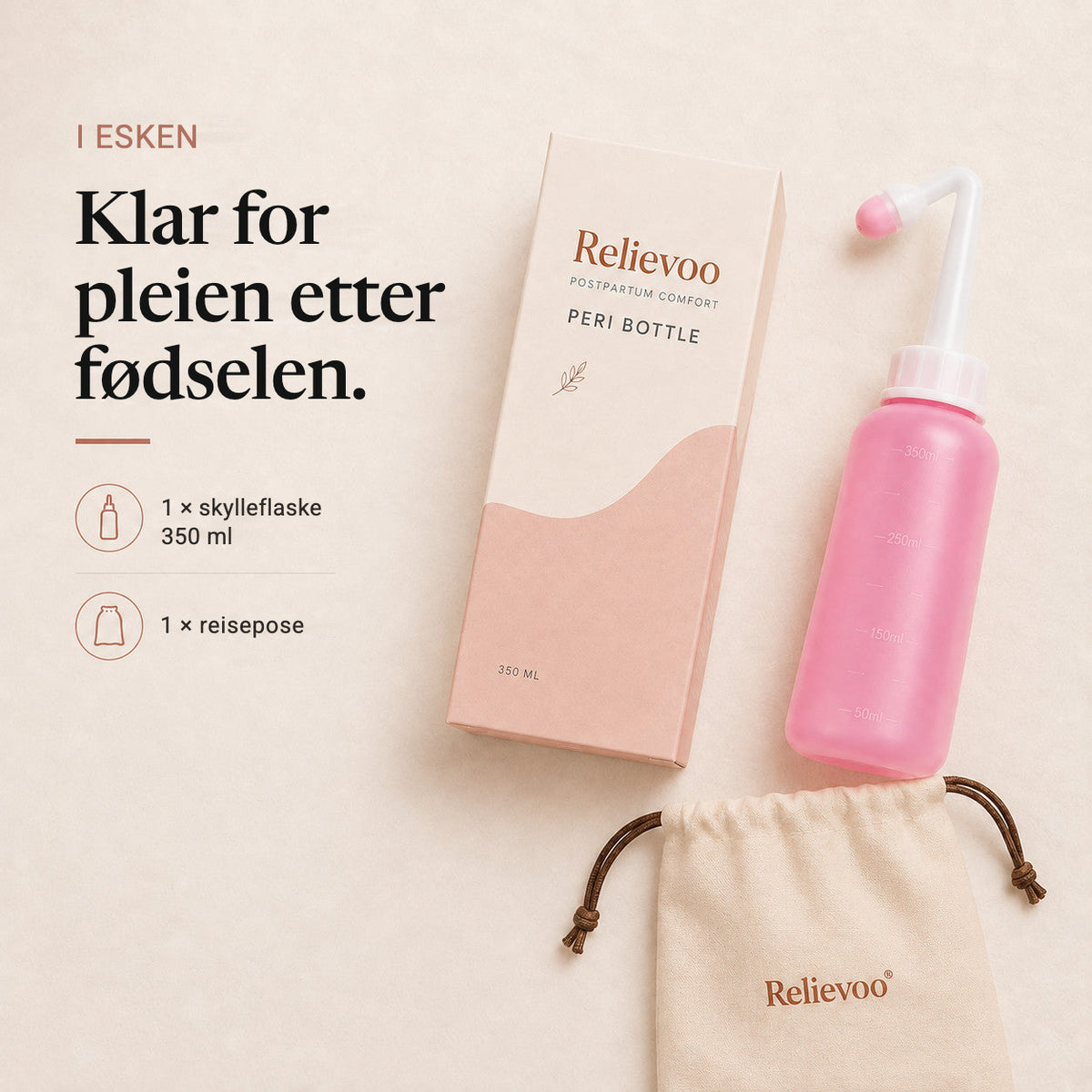 What is in the box: one 350 ml Relievoo peri bottle and one travel pouch, shown with the packaging rvpumpen rvhasar