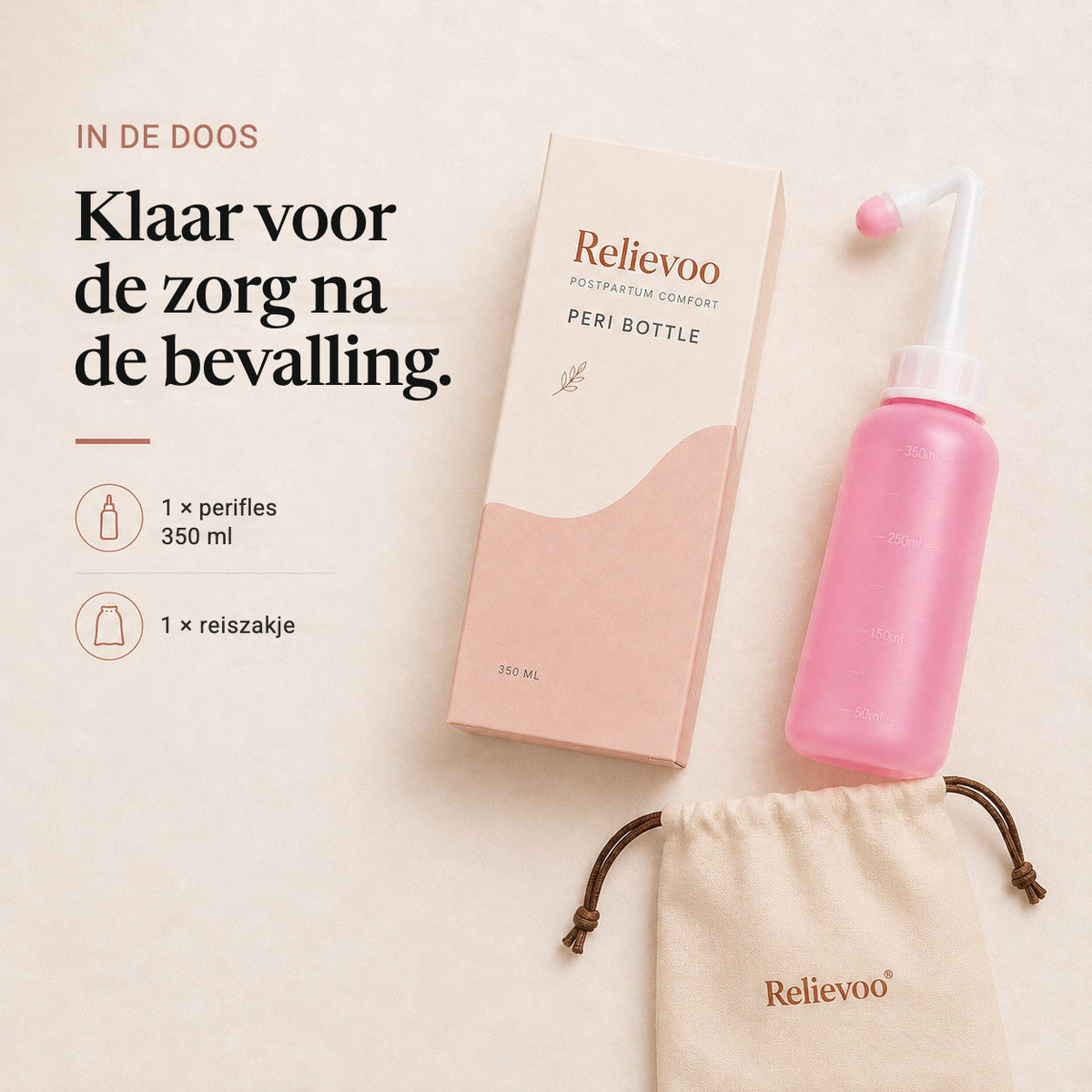 What is in the box: one 350 ml Relievoo peri bottle and one travel pouch, shown with the packaging rvpumpen rvhasar
