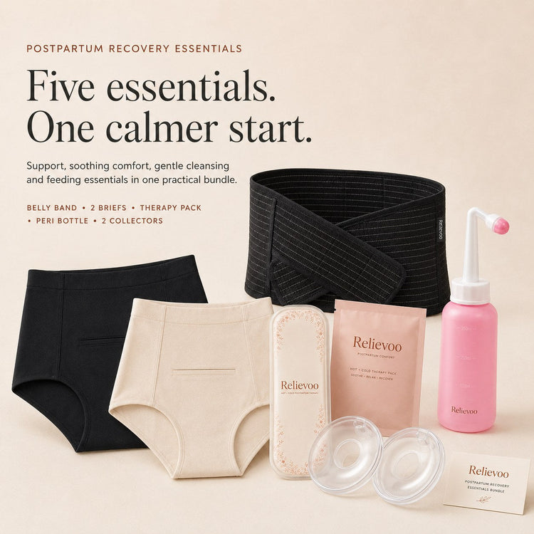 The Relievoo postpartum recovery essentials bundle laid out together