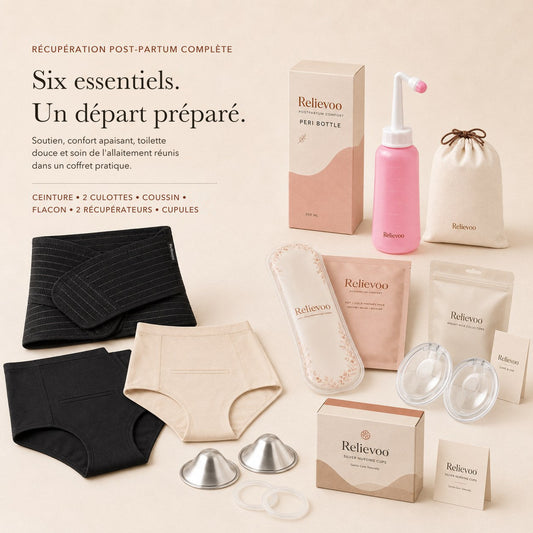 Les six essentiels du coffret Relievoo post-partum complet : ceinture, deux culottes apaisantes, coussin chaud et froid, flacon rince-périnée, récupérateurs de lait et cupules en argent
