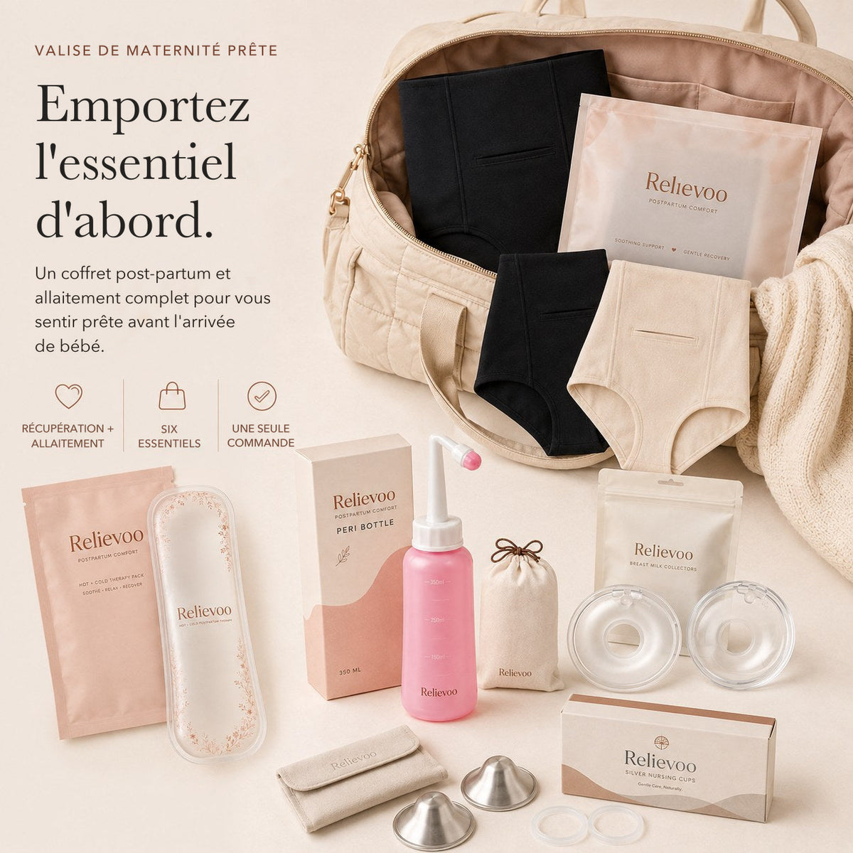 Le coffret post-partum complet Relievoo rangé dans une valise de maternité