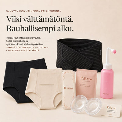 The five Relievoo postpartum recovery essentials laid out together: belly band, two soothing briefs, therapy pack, peri bottle and two milk collectors rvpumpen rvhasar