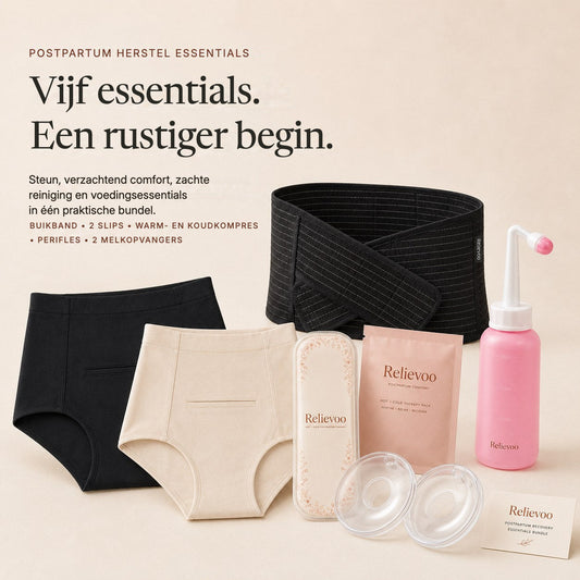 The five Relievoo postpartum recovery essentials laid out together: belly band, two soothing briefs, therapy pack, peri bottle and two milk collectors rvpumpen rvhasar