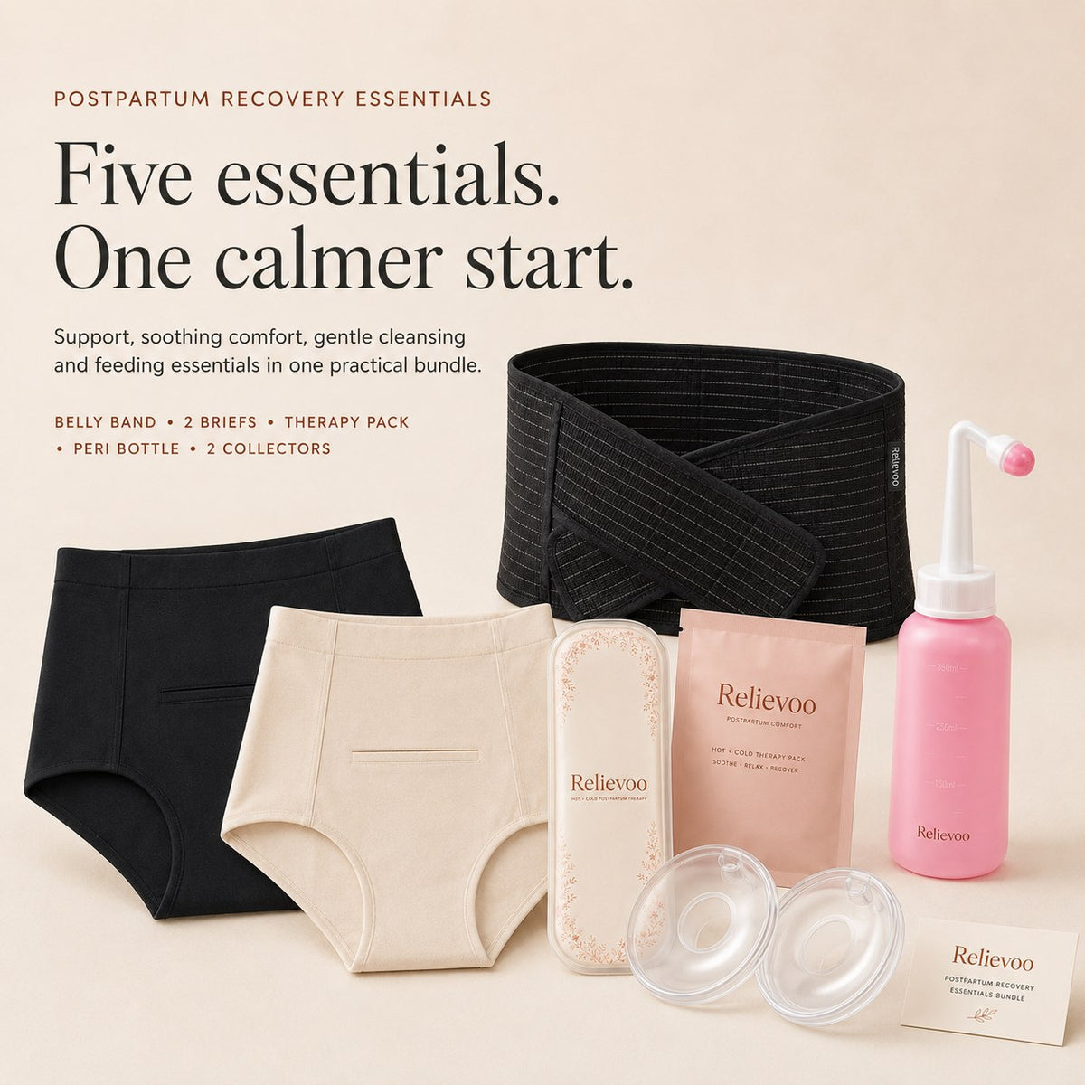 The five Relievoo postpartum recovery essentials laid out together: belly band, two soothing briefs, therapy pack, peri bottle and two milk collectors rvpumpen rvhasar