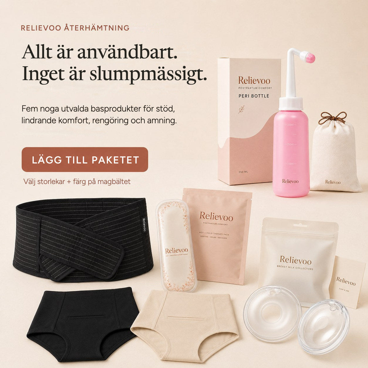 The complete Relievoo postpartum recovery essentials bundle with its peri bottle box, therapy pack, briefs, belly band and milk collectors rvpumpen rvhasar