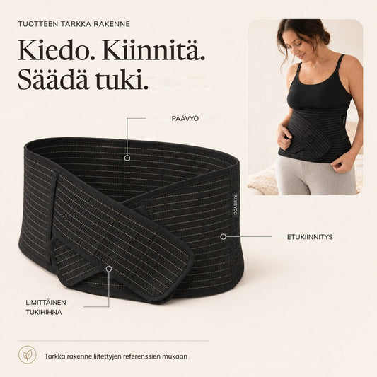 Relievoo postpartum support belt labelled with its main support band, front closure and overlapping support strap rvpumpen rvhasar