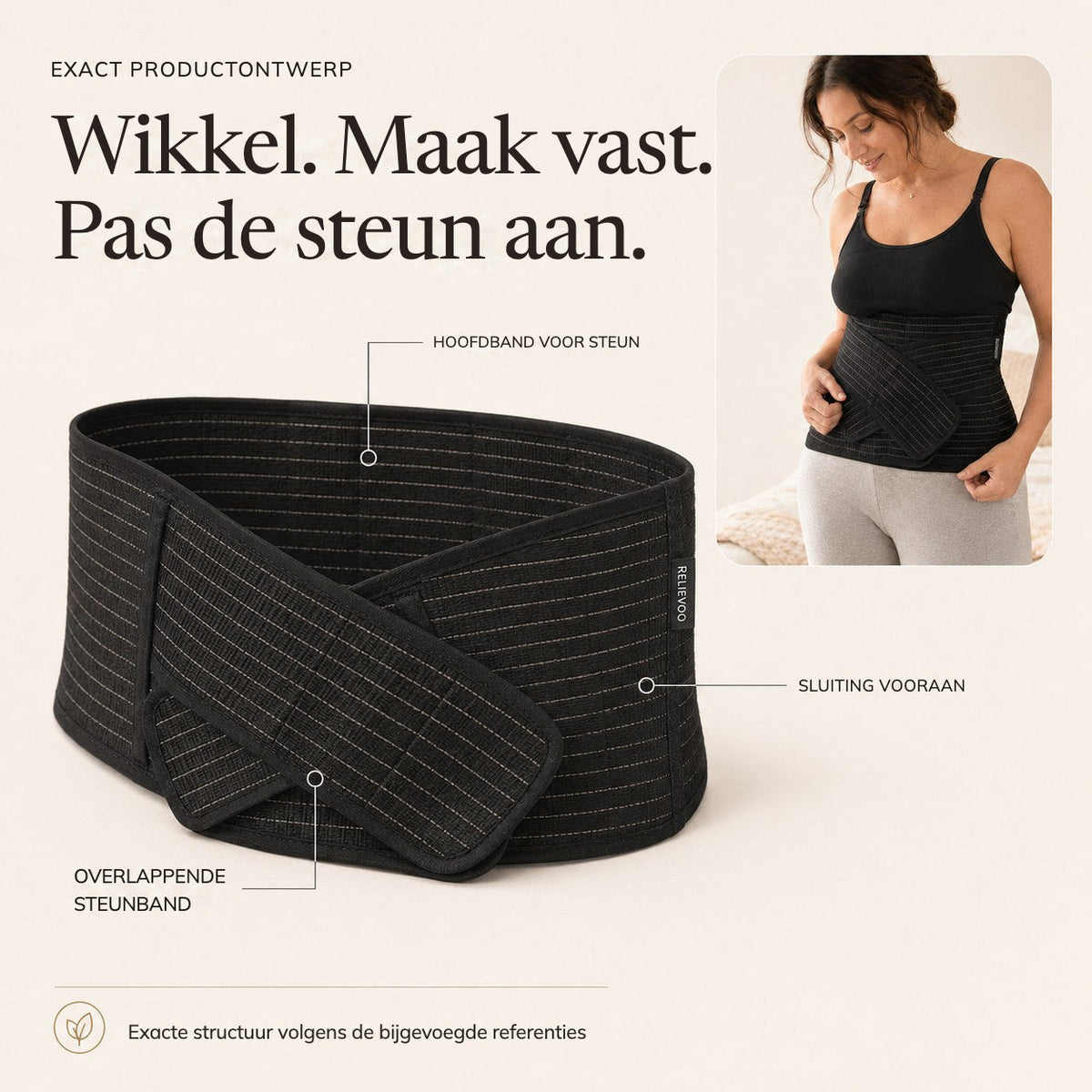 Relievoo postpartum support belt labelled with its main support band, front closure and overlapping support strap rvpumpen rvhasar