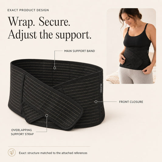 Relievoo postpartum support belt labelled with its main support band, front closure and overlapping support strap rvpumpen rvhasar