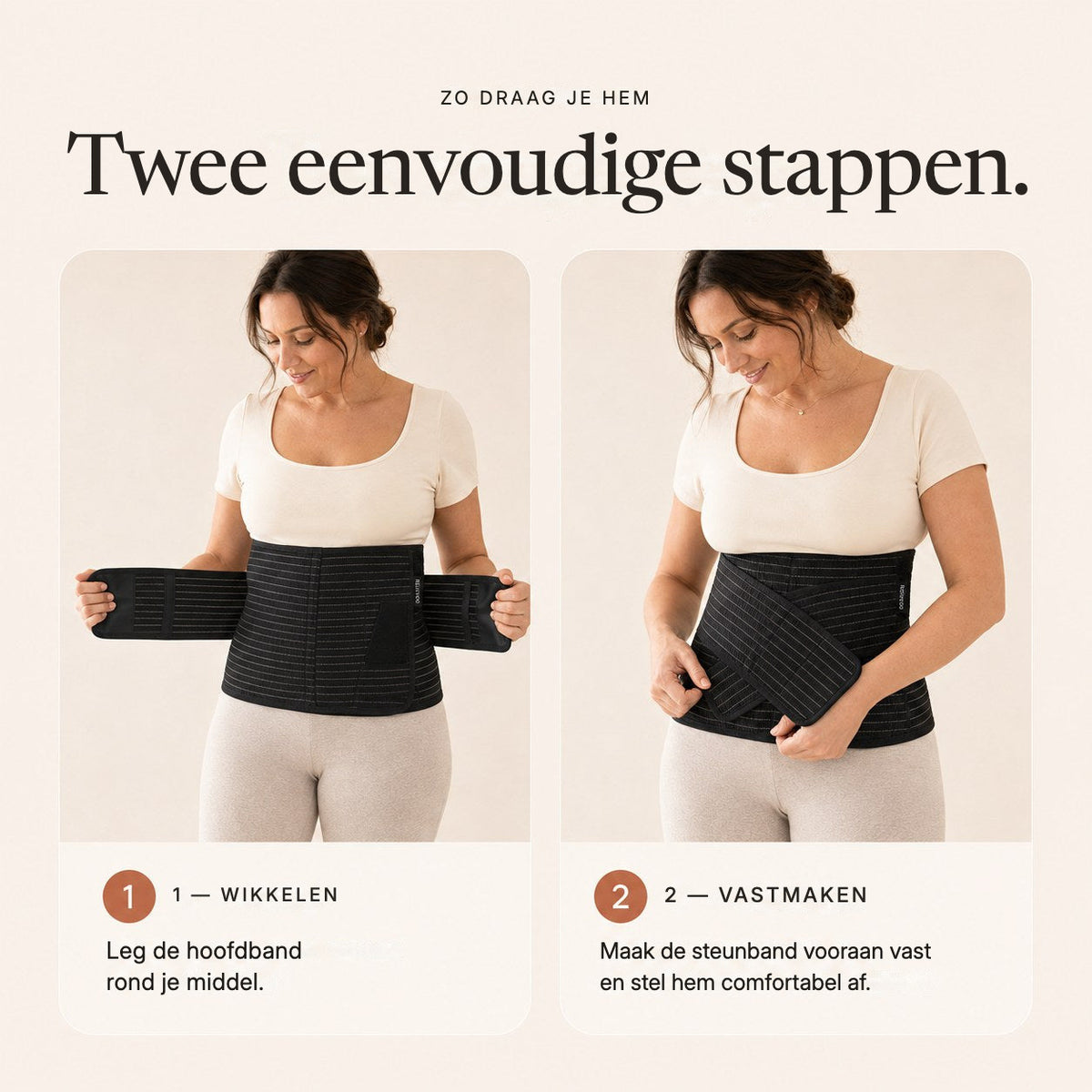 Two steps to wear the Relievoo postpartum belt: wrap the main band around your midsection, then fasten the front support strap rvpumpen rvhasar