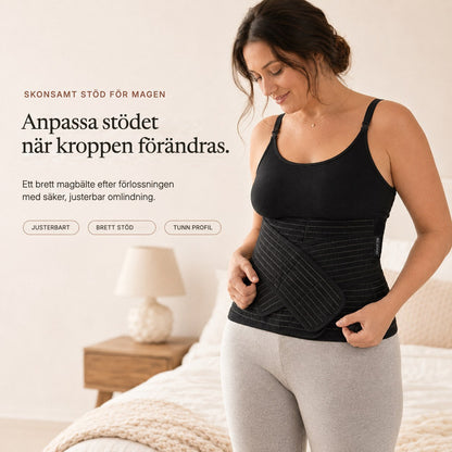 Woman wearing the black Relievoo postpartum belly band from the bundle, adjusting the front support strap rvpumpen rvhasar