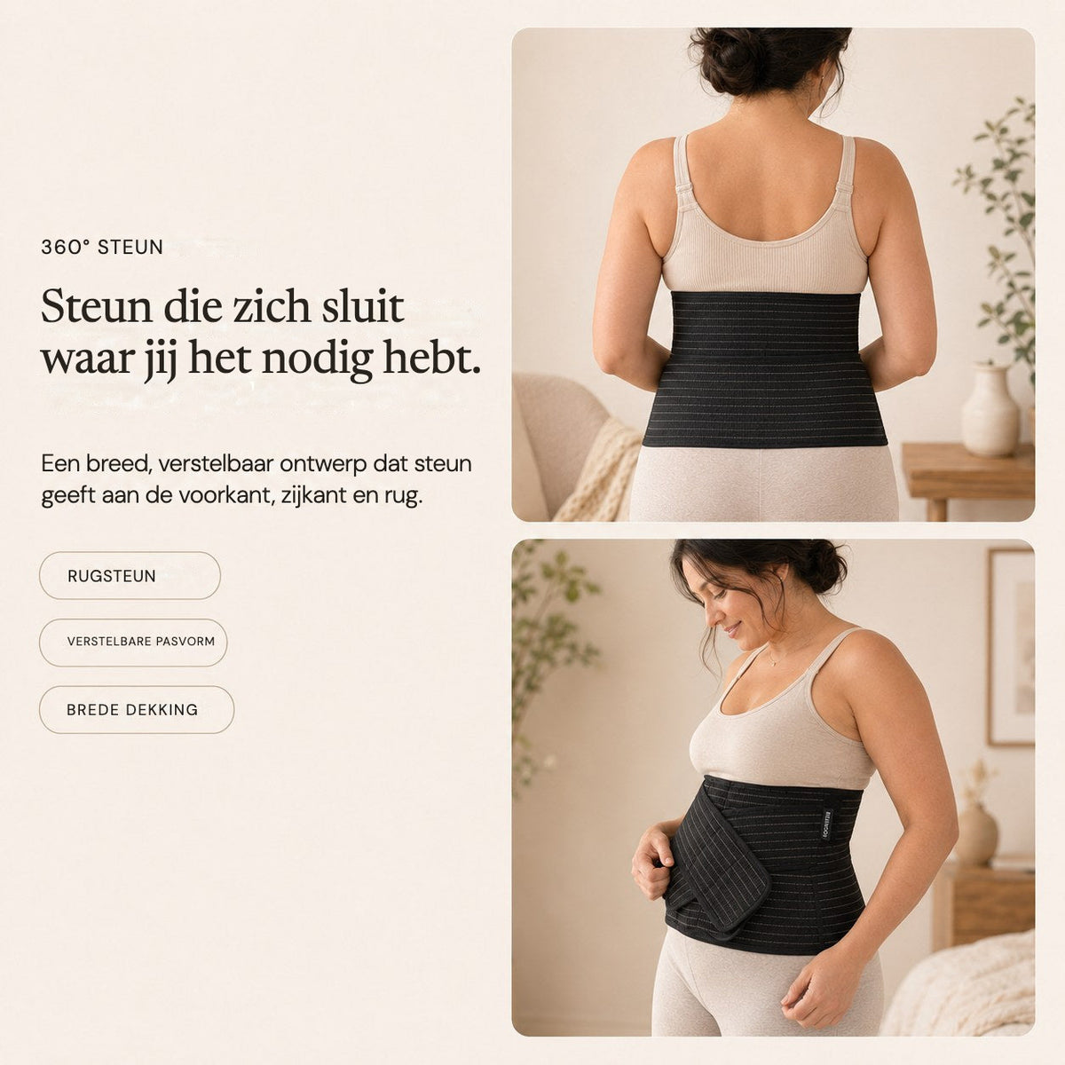 Back and side views of the black Relievoo postpartum belt showing its wide adjustable coverage rvpumpen rvhasar