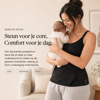Mother holding her newborn while wearing the black Relievoo postpartum support belt rvpumpen rvhasar