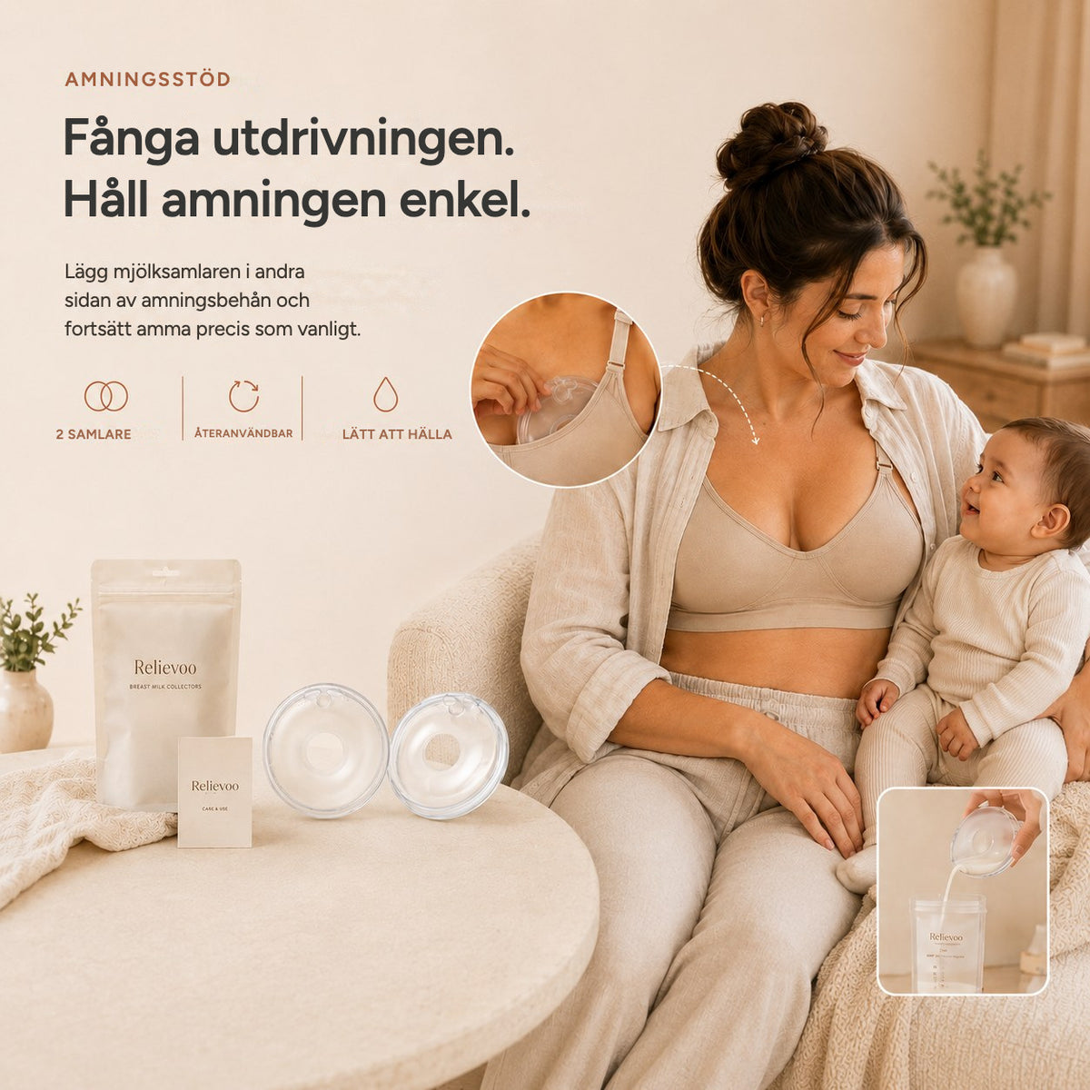 Mother feeding her baby while wearing a Relievoo milk collector inside her nursing bra, with the pair of collectors on the table rvpumpen rvhasar
