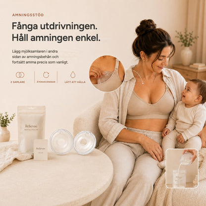 Mother feeding her baby while wearing a Relievoo milk collector inside her nursing bra, with the pair of collectors on the table rvpumpen rvhasar