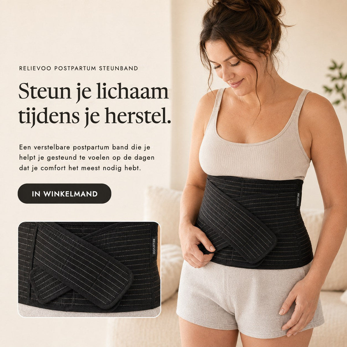 Woman wearing the black Relievoo postpartum support belt with the belt shown flat beside her rvpumpen rvhasar