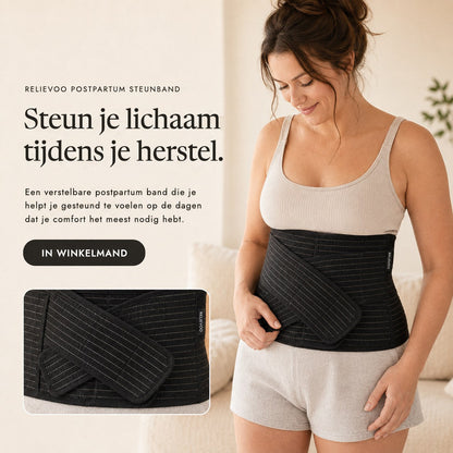 Woman wearing the black Relievoo postpartum support belt with the belt shown flat beside her rvpumpen rvhasar