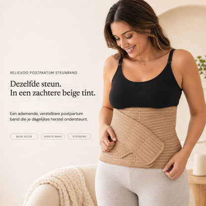 Woman wearing the Relievoo postpartum support belt in the tan colourway rvpumpen rvhasar