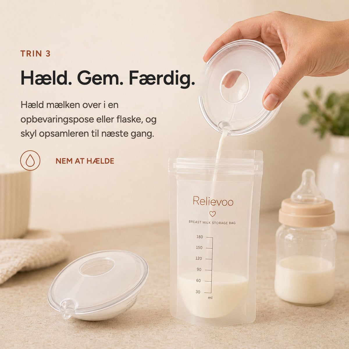 Pouring milk from a Relievoo breast milk collector into a Relievoo breast milk storage bag rvpumpen rvhasar