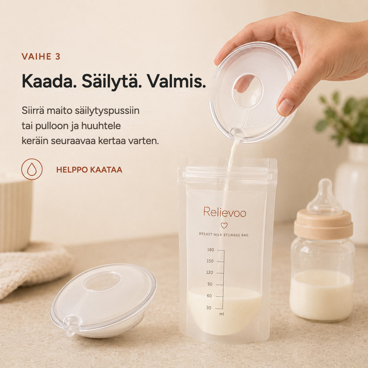 Pouring milk from a Relievoo breast milk collector into a Relievoo breast milk storage bag rvpumpen rvhasar