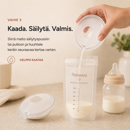 Pouring milk from a Relievoo breast milk collector into a Relievoo breast milk storage bag rvpumpen rvhasar