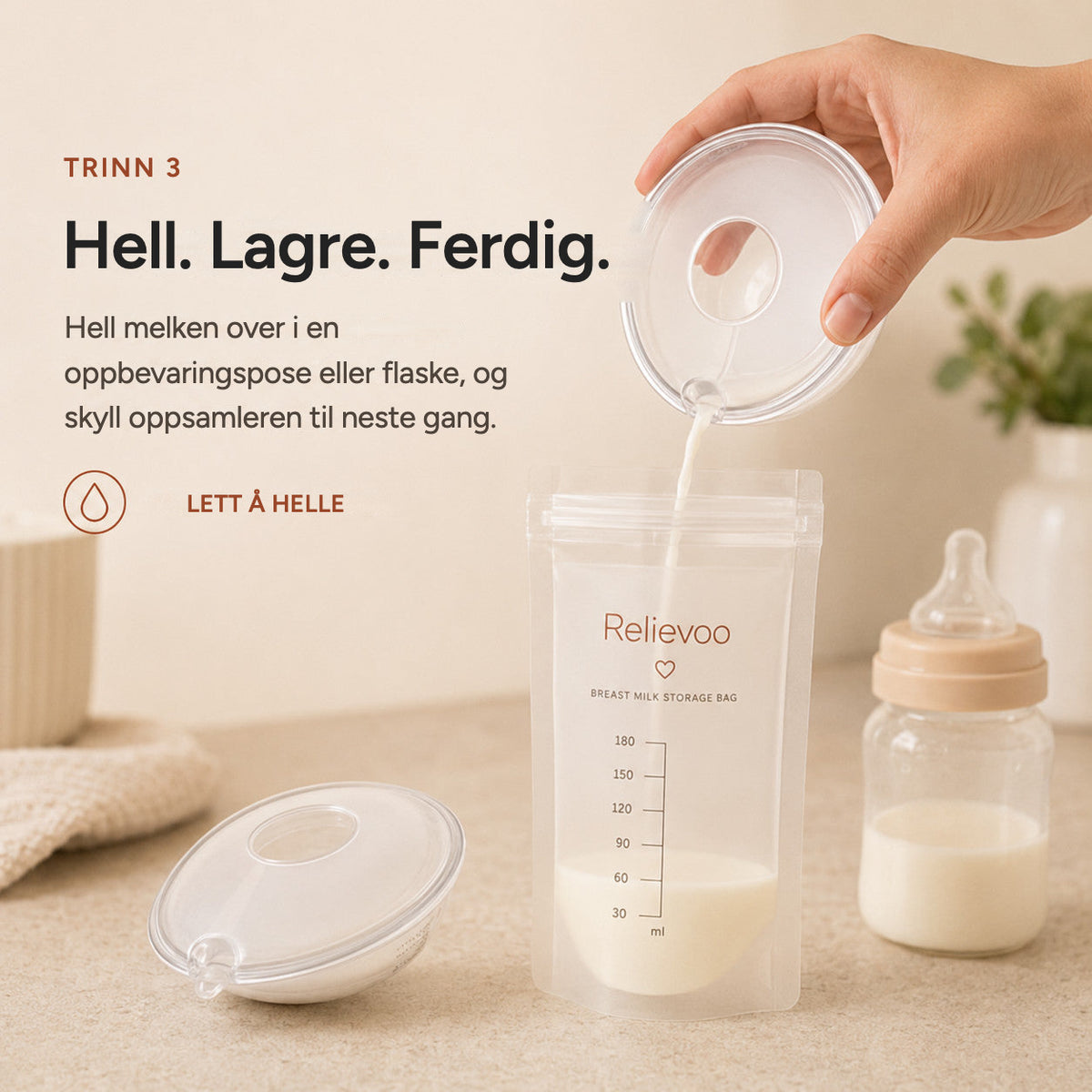 Pouring milk from a Relievoo breast milk collector into a Relievoo breast milk storage bag rvpumpen rvhasar