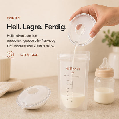 Pouring milk from a Relievoo breast milk collector into a Relievoo breast milk storage bag rvpumpen rvhasar