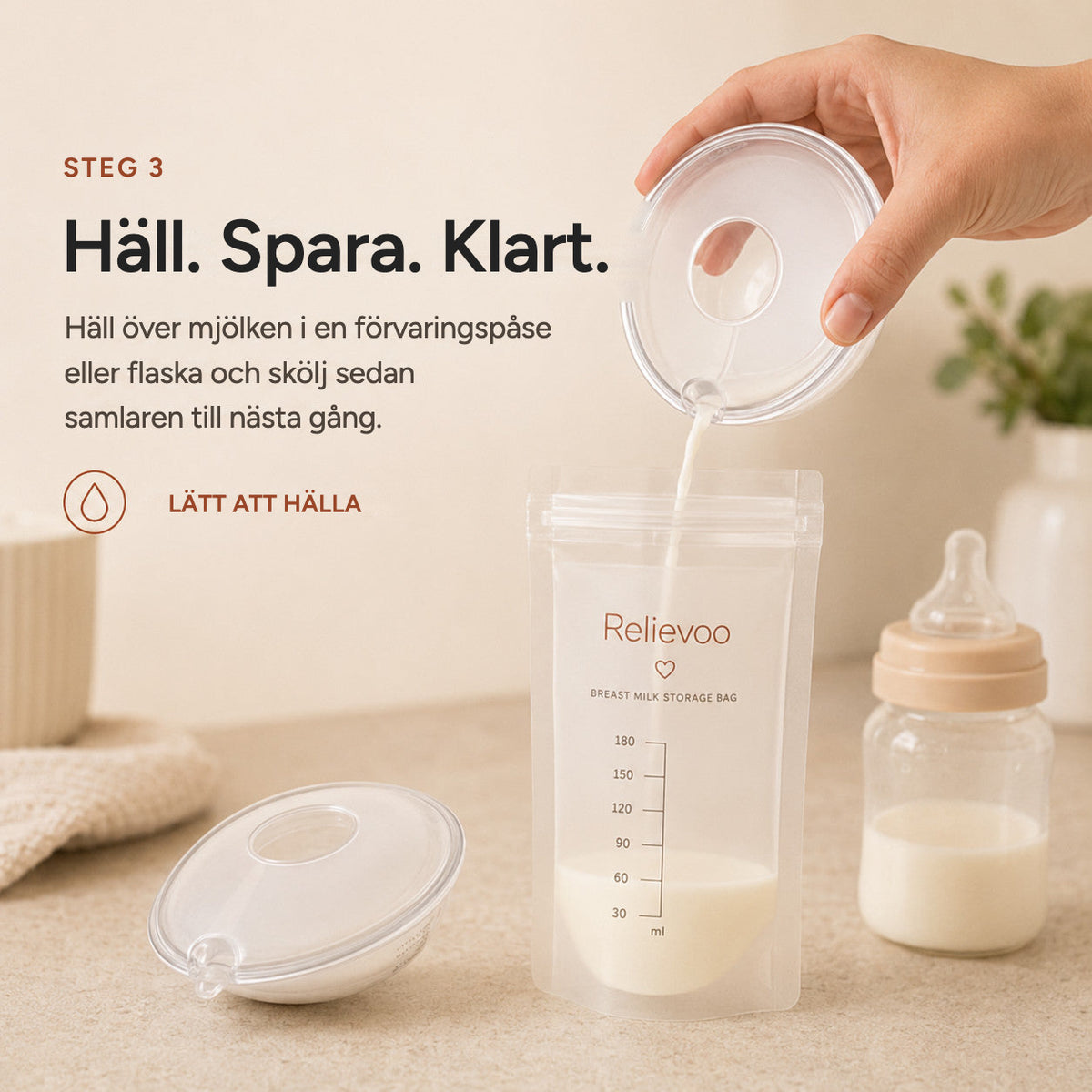 Pouring milk from a Relievoo breast milk collector into a Relievoo breast milk storage bag rvpumpen rvhasar