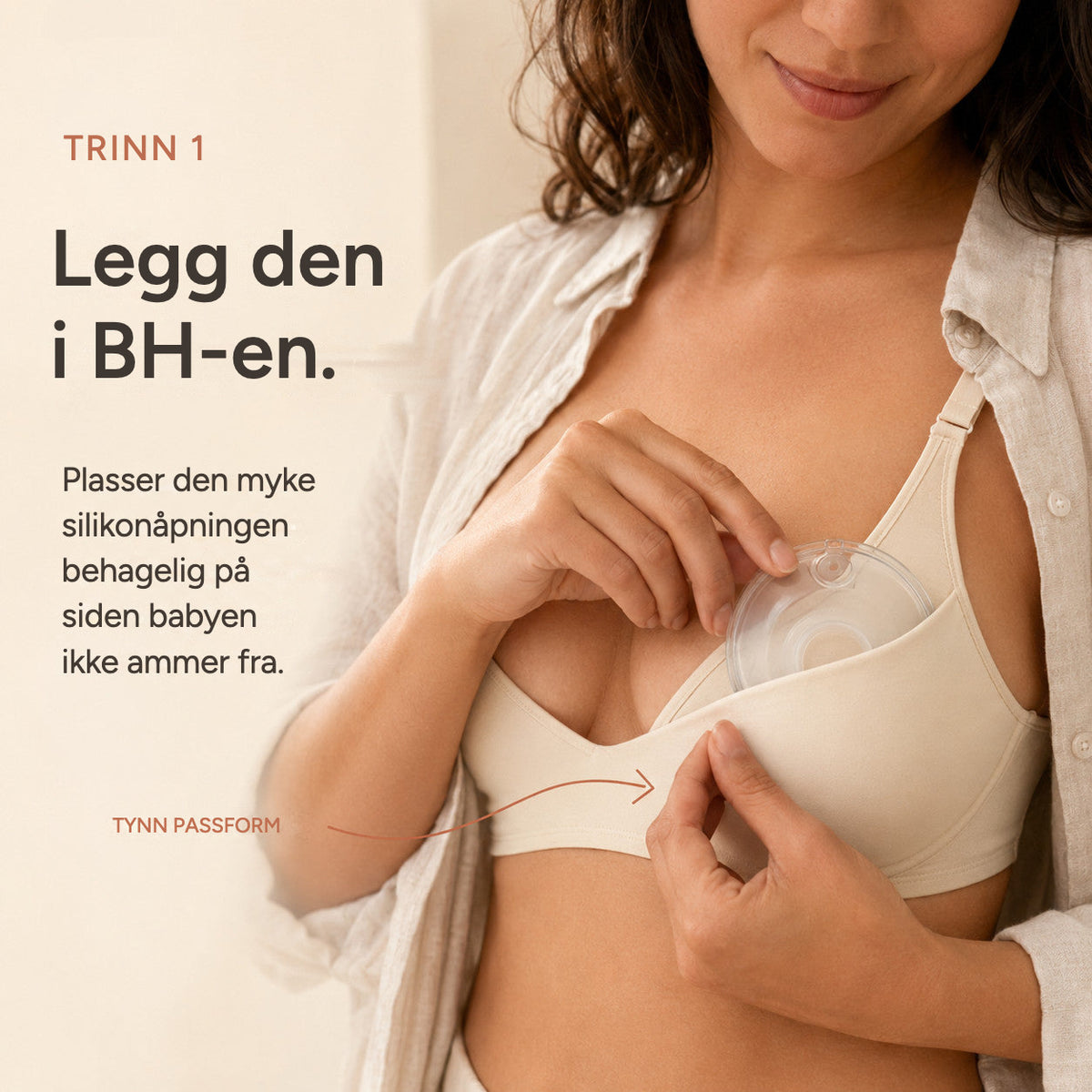 Hand slipping a Relievoo breast milk collector into a nursing bra on the side baby is not feeding from rvpumpen rvhasar