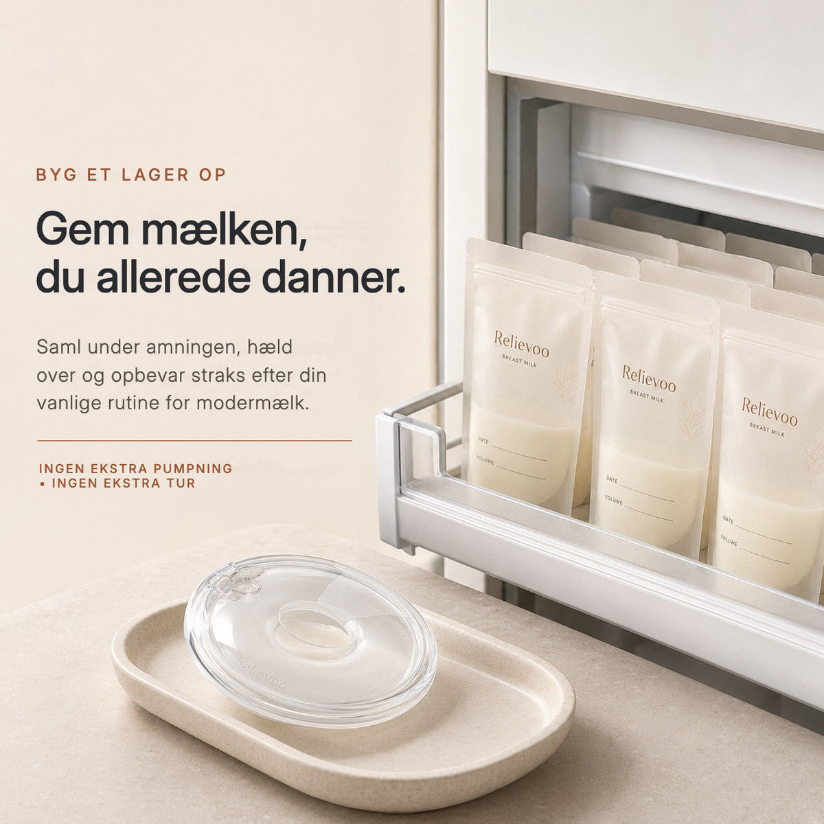 Relievoo breast milk storage bags filled and stored in a freezer drawer beside a collector rvpumpen rvhasar