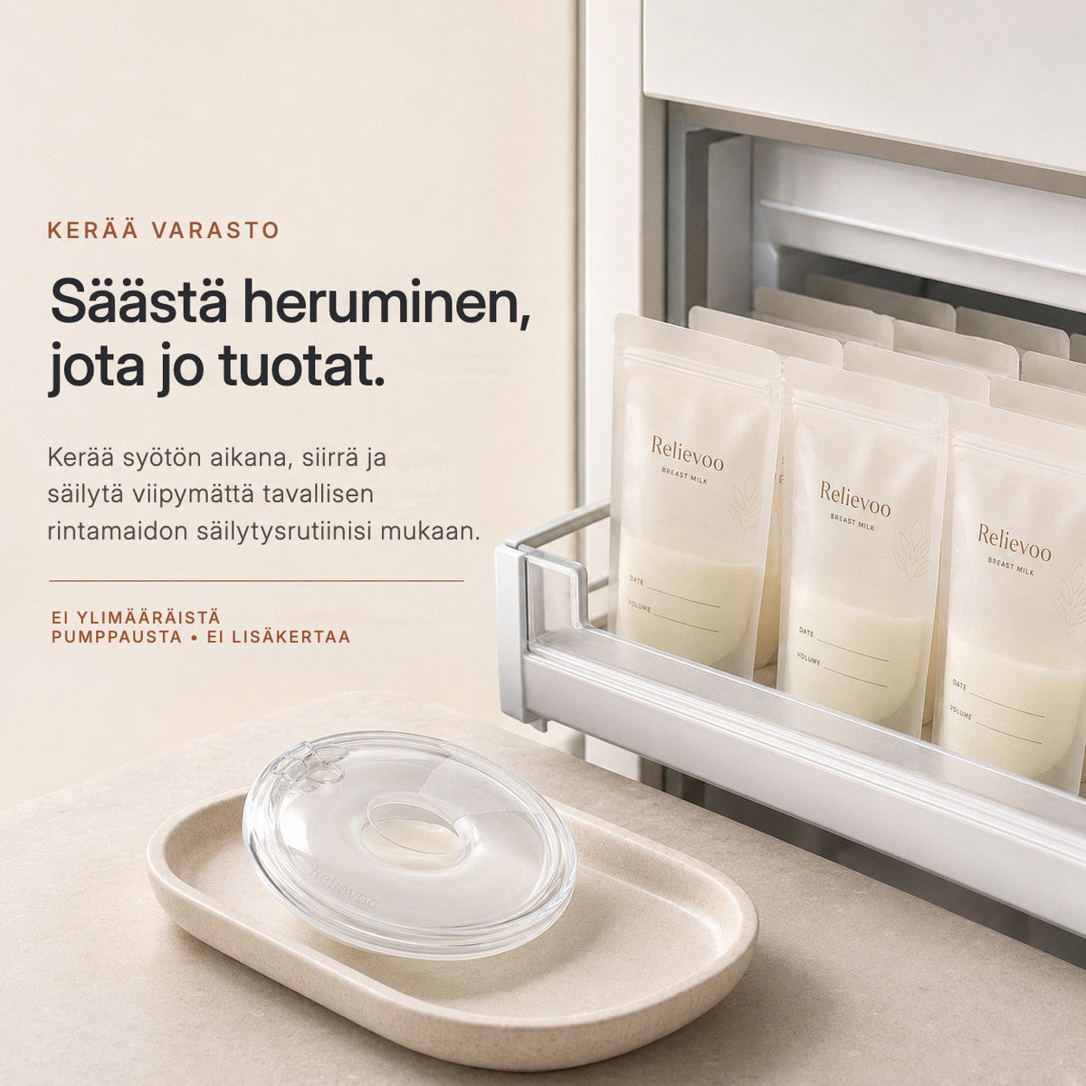 Relievoo breast milk storage bags filled and stored in a freezer drawer beside a collector rvpumpen rvhasar
