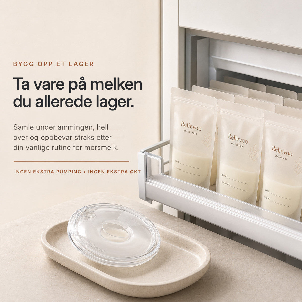 Relievoo breast milk storage bags filled and stored in a freezer drawer beside a collector rvpumpen rvhasar