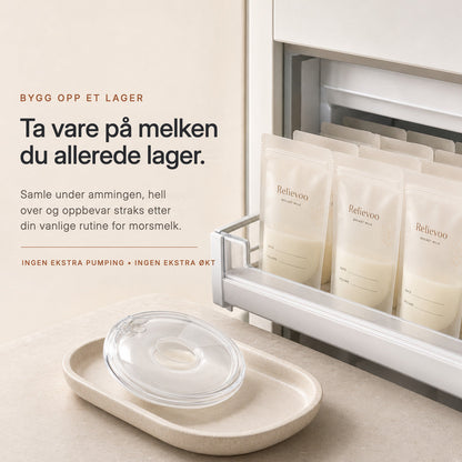 Relievoo breast milk storage bags filled and stored in a freezer drawer beside a collector rvpumpen rvhasar
