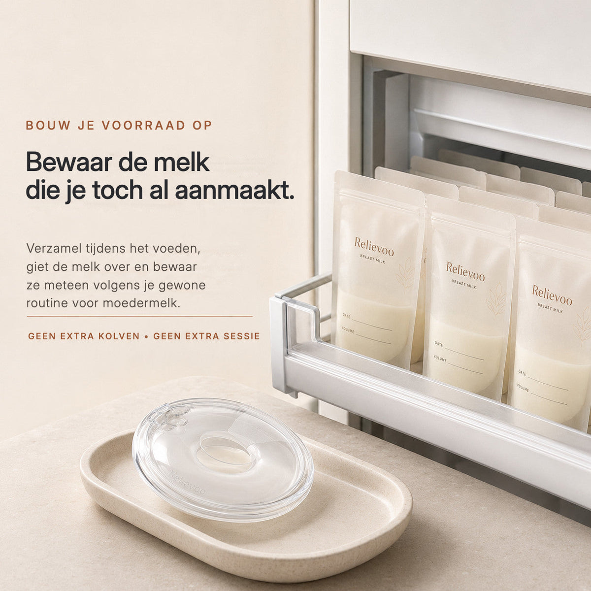 Relievoo breast milk storage bags filled and stored in a freezer drawer beside a collector rvpumpen rvhasar