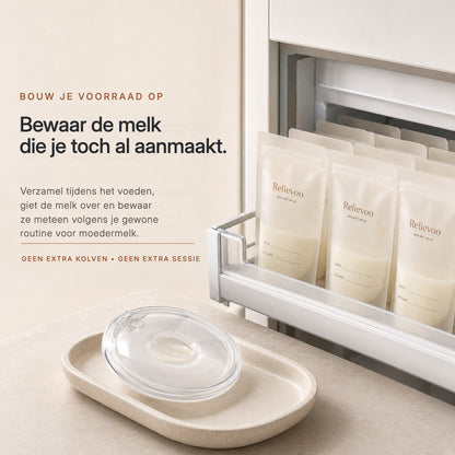 Relievoo breast milk storage bags filled and stored in a freezer drawer beside a collector rvpumpen rvhasar