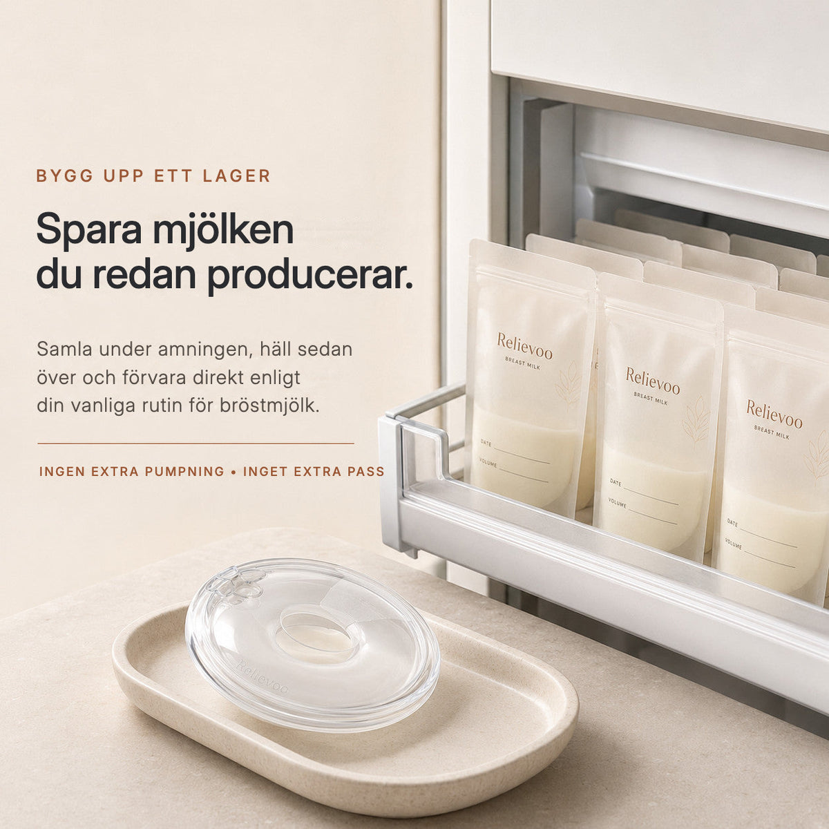 Relievoo breast milk storage bags filled and stored in a freezer drawer beside a collector rvpumpen rvhasar