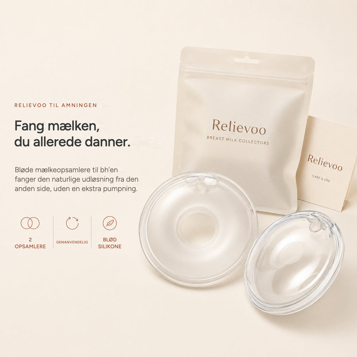Relievoo breast milk collectors with their storage pouch and use and care card on a cream background rvpumpen rvhasar