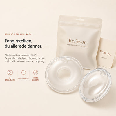 Relievoo breast milk collectors with their storage pouch and use and care card on a cream background rvpumpen rvhasar